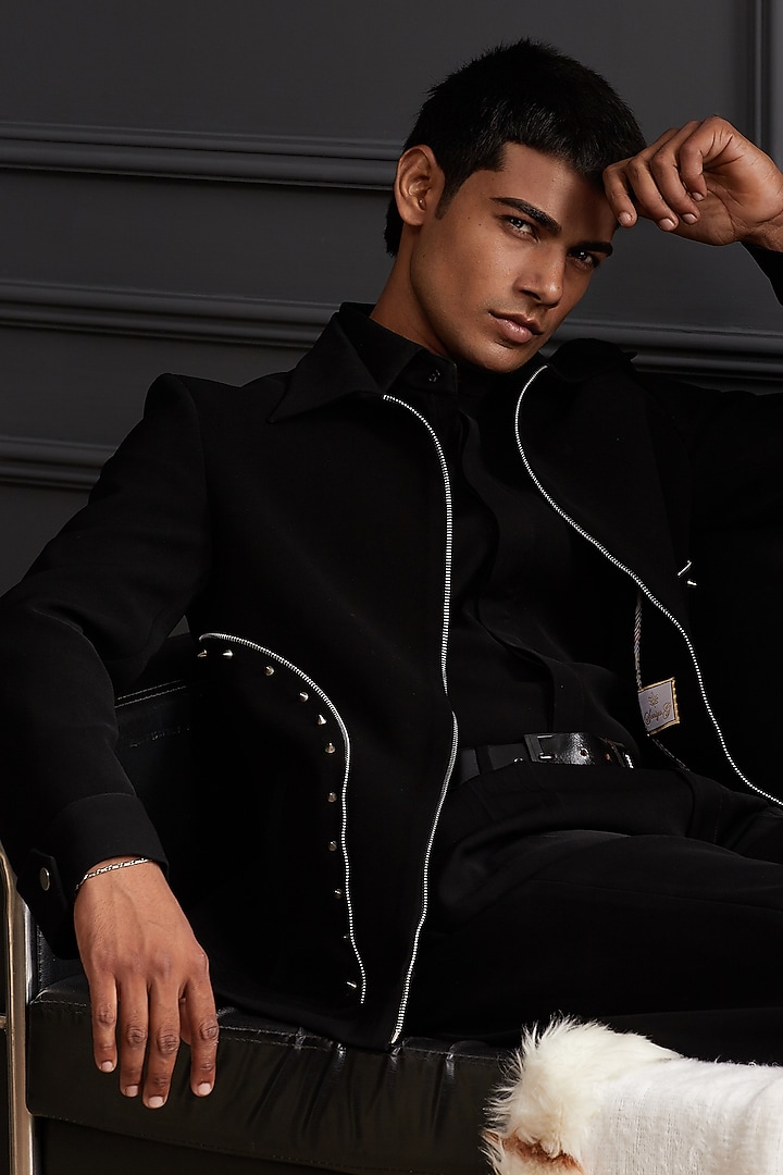 Black Suiting Japanese Fabric Jacket Set by Soniya G Men at Pernia's Pop Up Shop