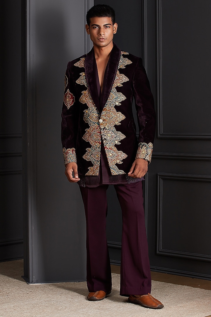 Deep Wine Cotton Velvet Embroidered Tuxedo Set by Soniya G Men at Pernia's Pop Up Shop