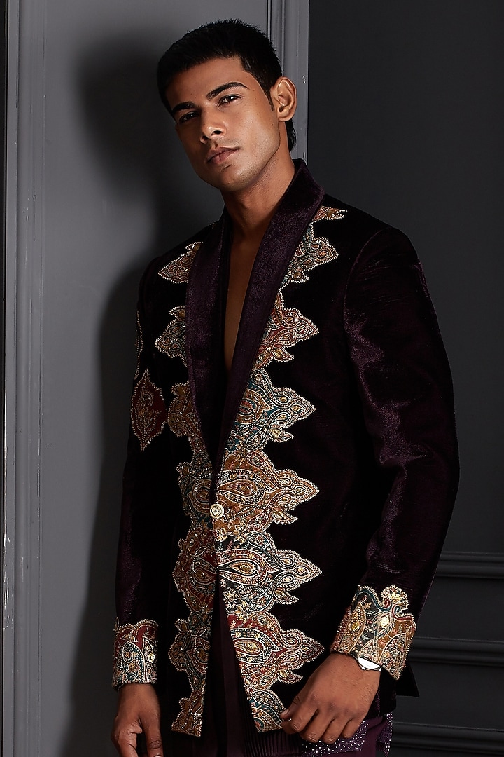 Deep Wine Cotton Velvet Embroidered Tuxedo Set by Soniya G Men at Pernia's Pop Up Shop