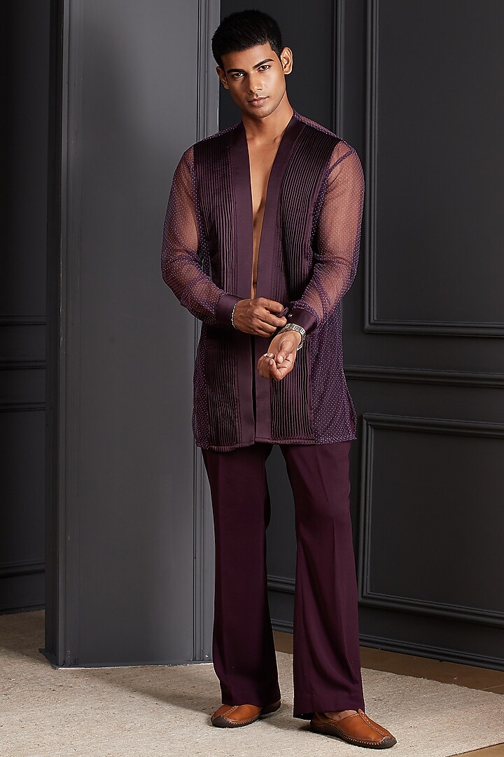 Deep Wine Cotton Velvet Embroidered Tuxedo Set by Soniya G Men at Pernia's Pop Up Shop