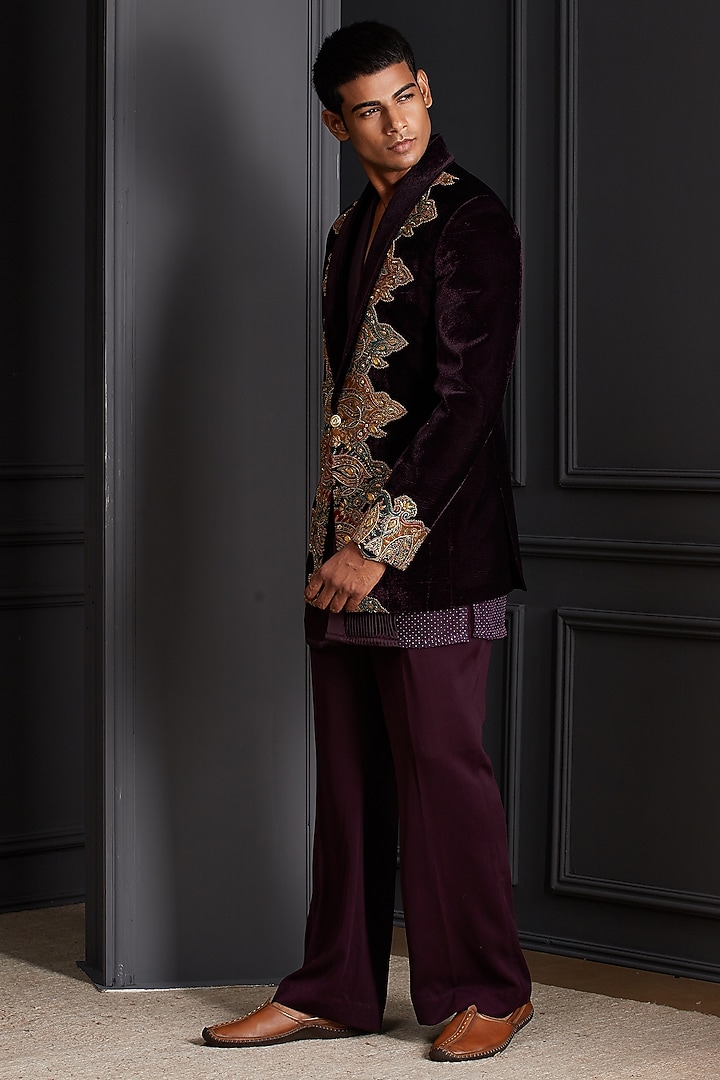 Deep Wine Cotton Velvet Embroidered Tuxedo Set by Soniya G Men at Pernia's Pop Up Shop