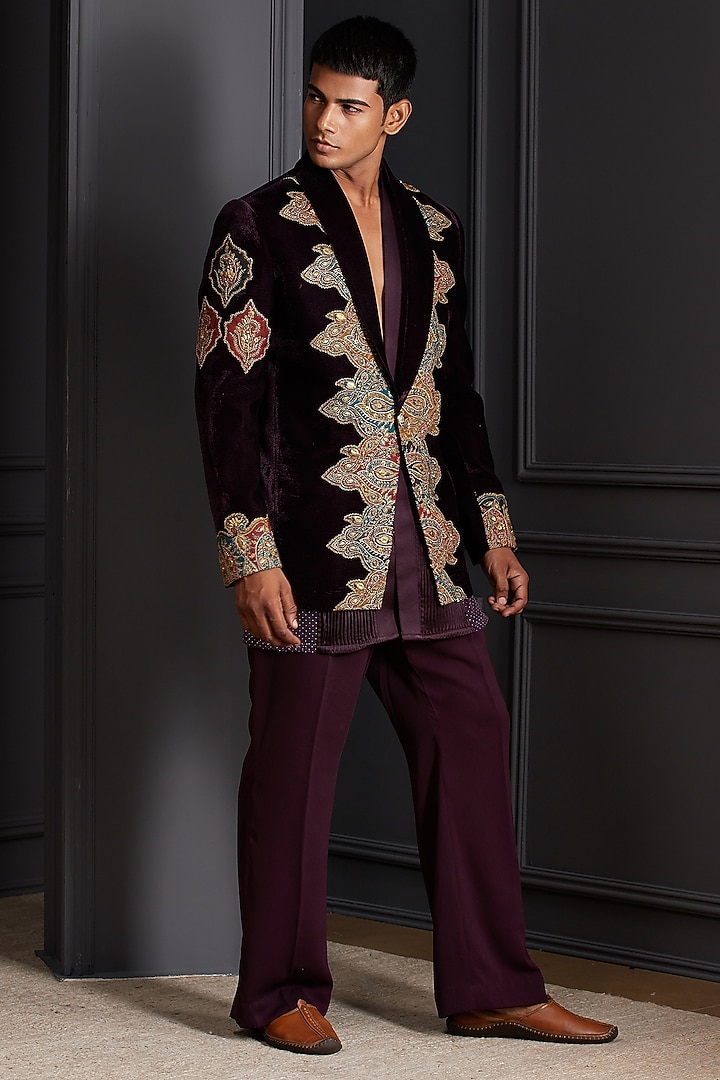 Deep Wine Cotton Velvet Embroidered Tuxedo Set by Soniya G Men at Pernia's Pop Up Shop