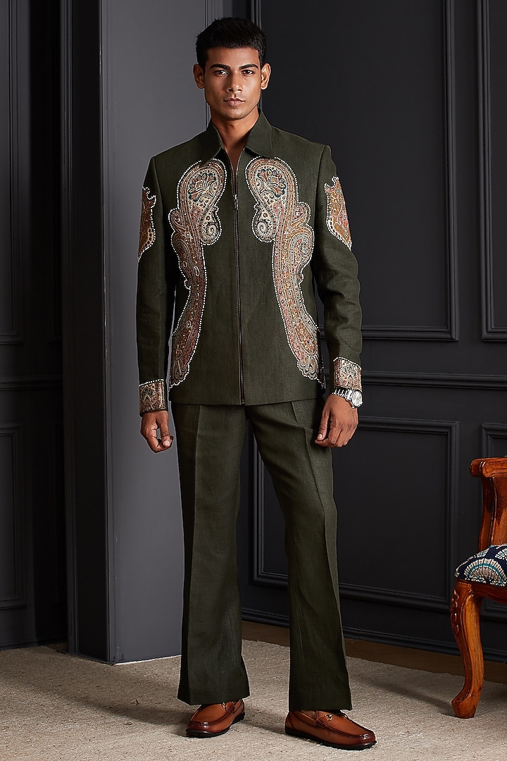 Mehendi Green Linen Embroidered Jacket Set by Soniya G Men at Pernia's Pop Up Shop