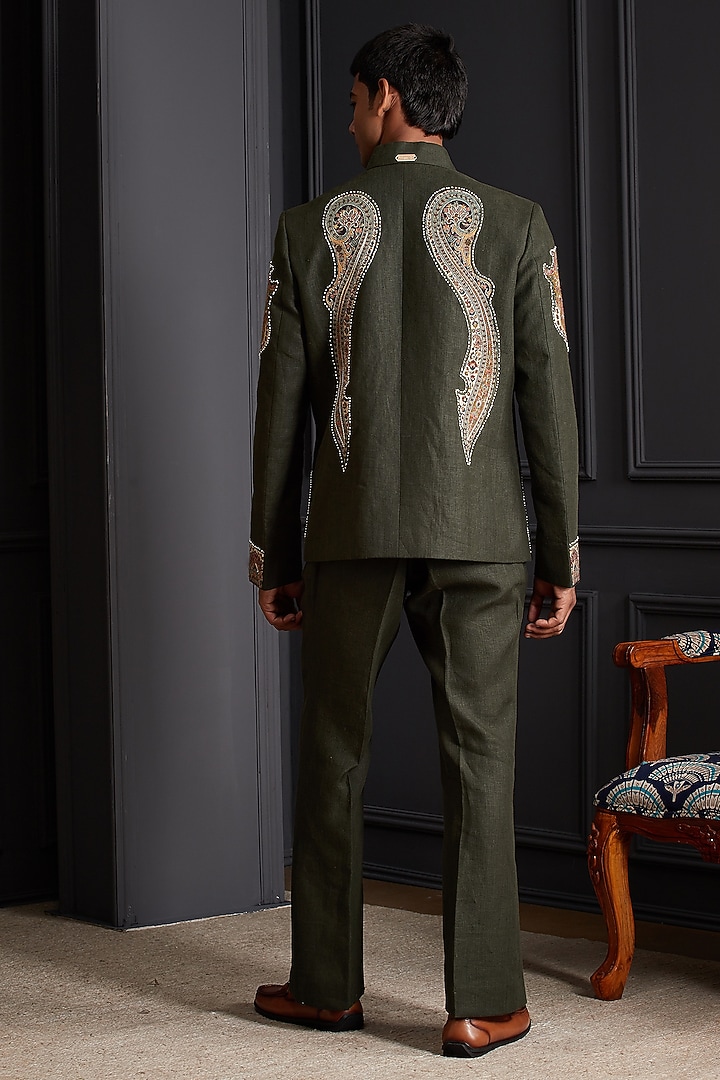Mehendi Green Linen Embroidered Jacket Set by Soniya G Men at Pernia's Pop Up Shop