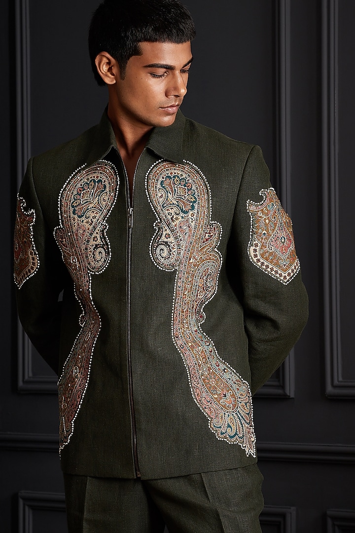 Mehendi Green Linen Embroidered Jacket Set by Soniya G Men at Pernia's Pop Up Shop