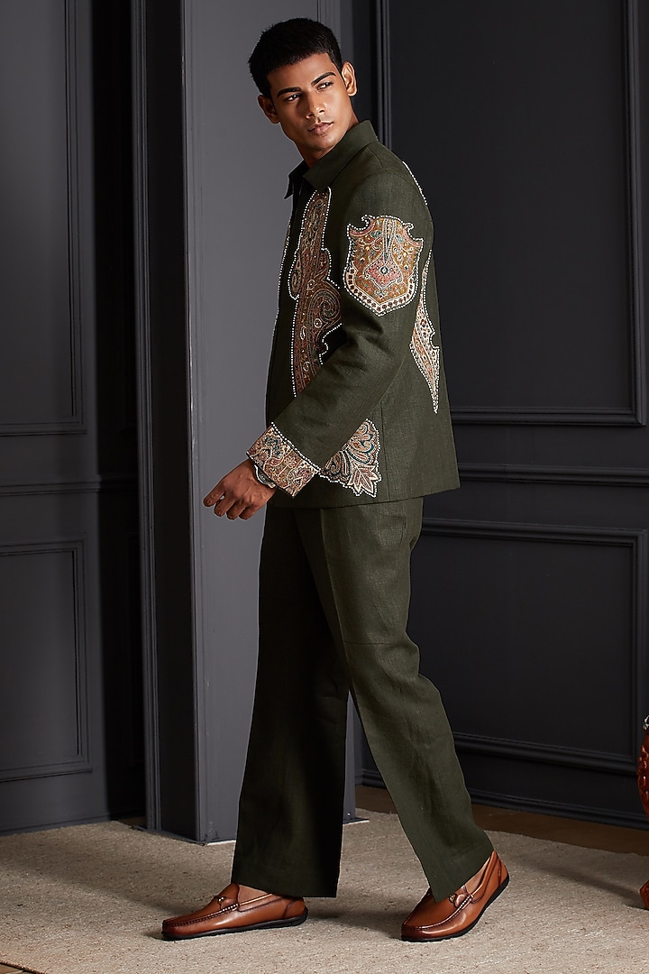 Mehendi Green Linen Embroidered Jacket Set by Soniya G Men at Pernia's Pop Up Shop