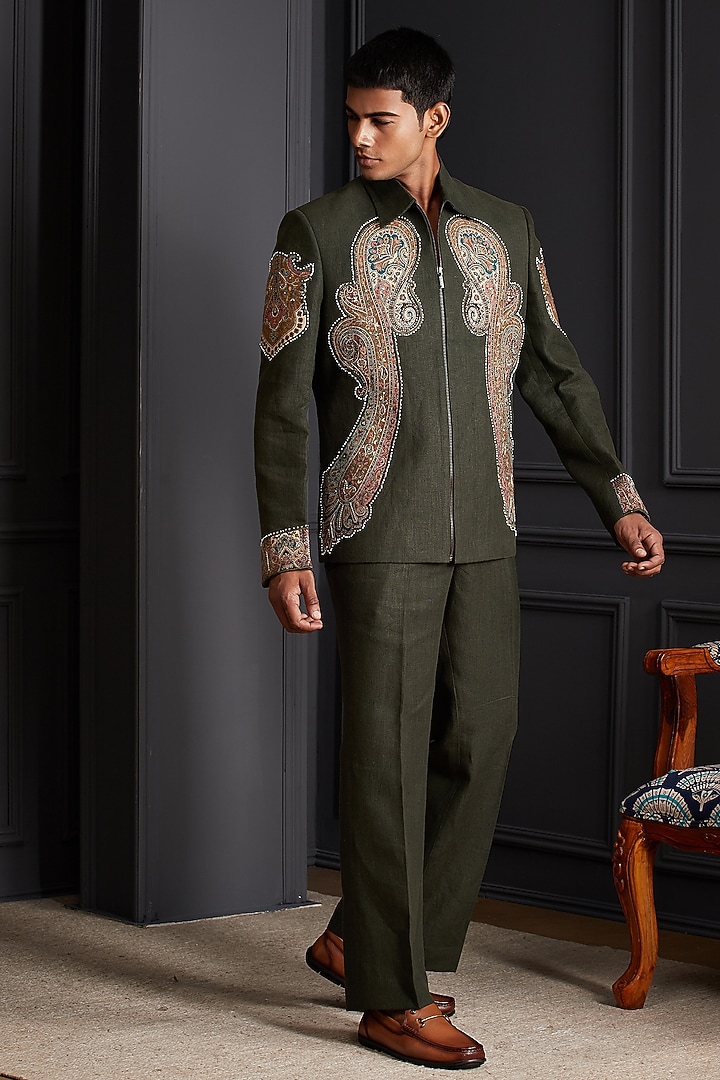 Mehendi Green Linen Embroidered Jacket Set by Soniya G Men at Pernia's Pop Up Shop