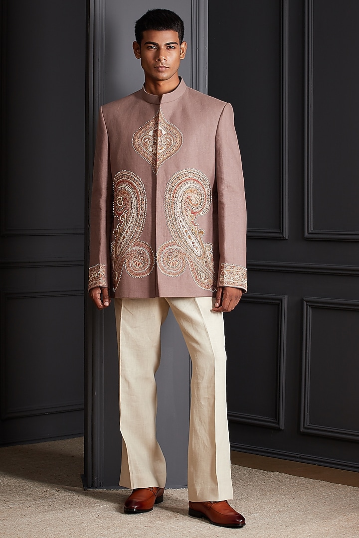 Dusty Rose Linen Embroidered Wedding Bandhgala Set by Soniya G Men at Pernia's Pop Up Shop