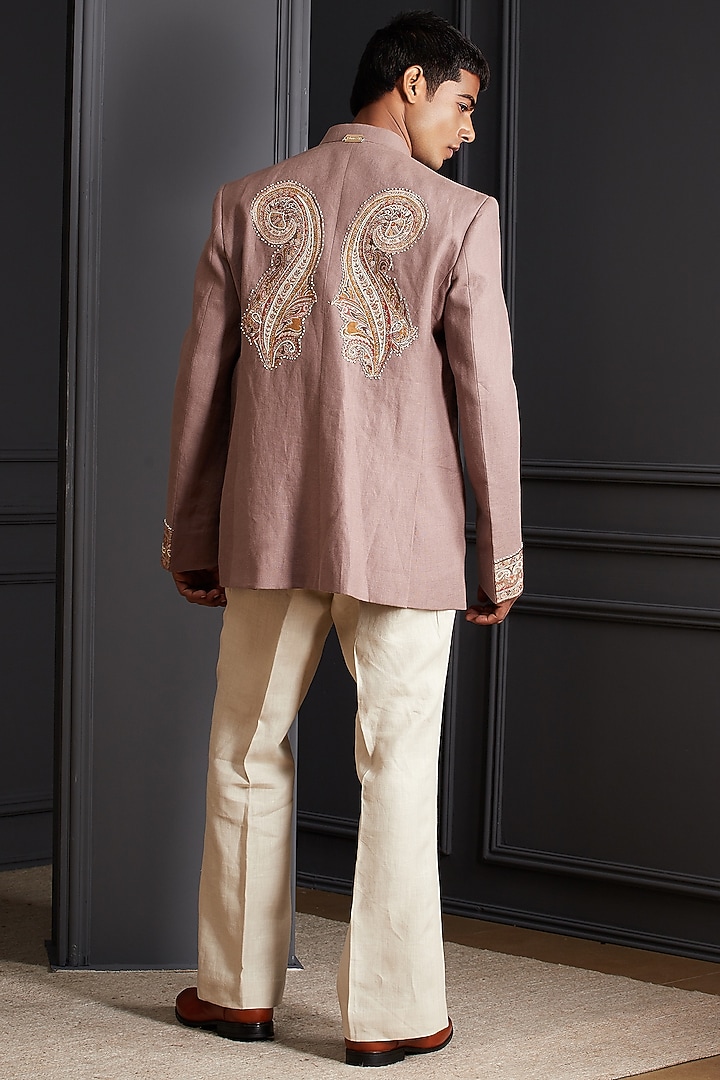 Dusty Rose Linen Embroidered Wedding Bandhgala Set by Soniya G Men at Pernia's Pop Up Shop