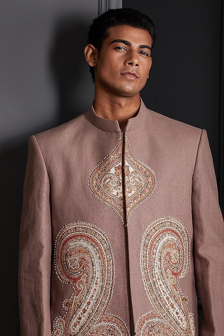 Dusty Rose Linen Embroidered Wedding Bandhgala Set by Soniya G Men at Pernia's Pop Up Shop