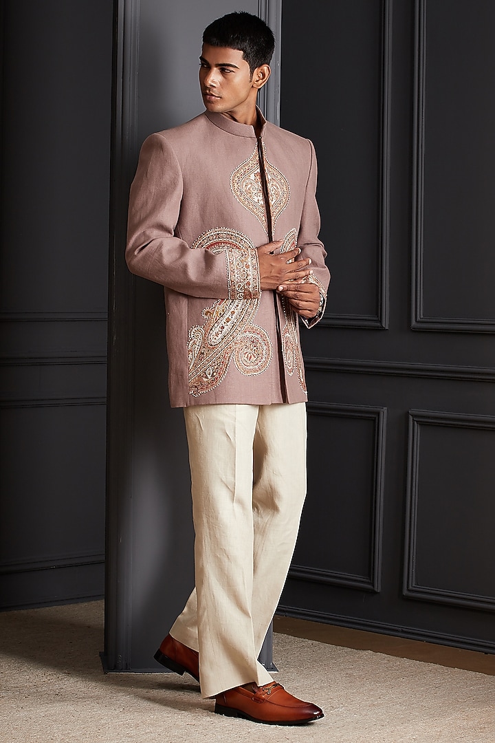 Dusty Rose Linen Embroidered Wedding Bandhgala Set by Soniya G Men at Pernia's Pop Up Shop