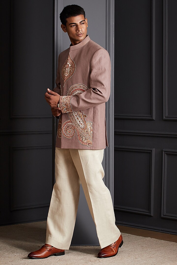 Dusty Rose Linen Embroidered Wedding Bandhgala Set by Soniya G Men at Pernia's Pop Up Shop