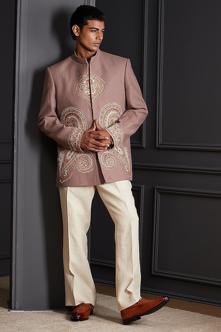 Dusty Rose Linen Embroidered Wedding Bandhgala Set by Soniya G Men at Pernia's Pop Up Shop