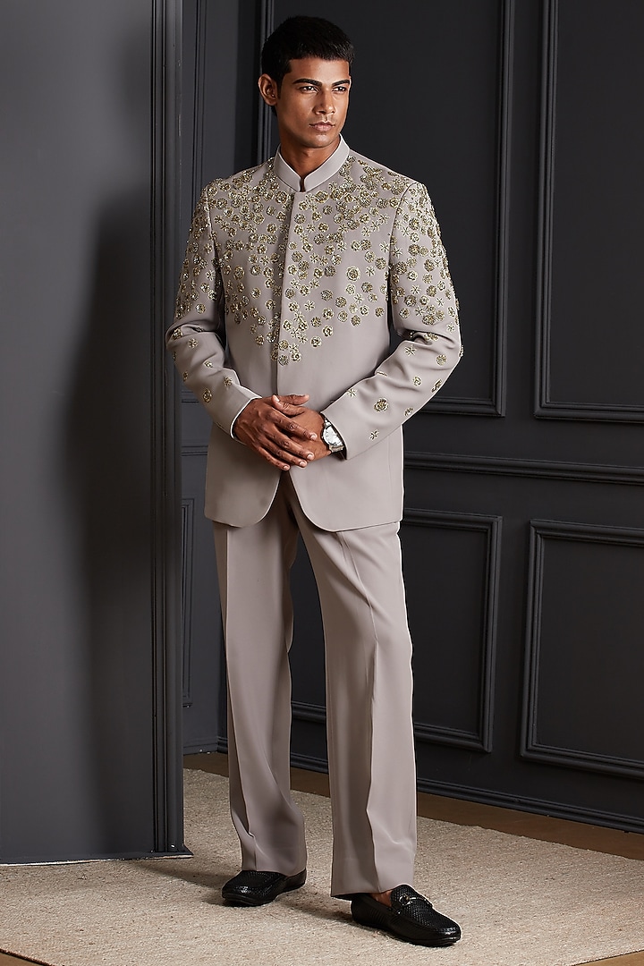 Mouse-Grey Suiting Japanese Fabric Zardosi Handwork Jacket Set by Soniya G Men at Pernia's Pop Up Shop