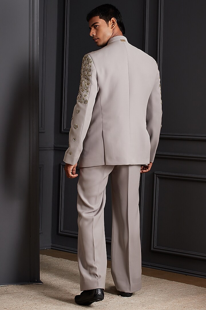 Mouse-Grey Suiting Japanese Fabric Zardosi Handwork Jacket Set by Soniya G Men at Pernia's Pop Up Shop