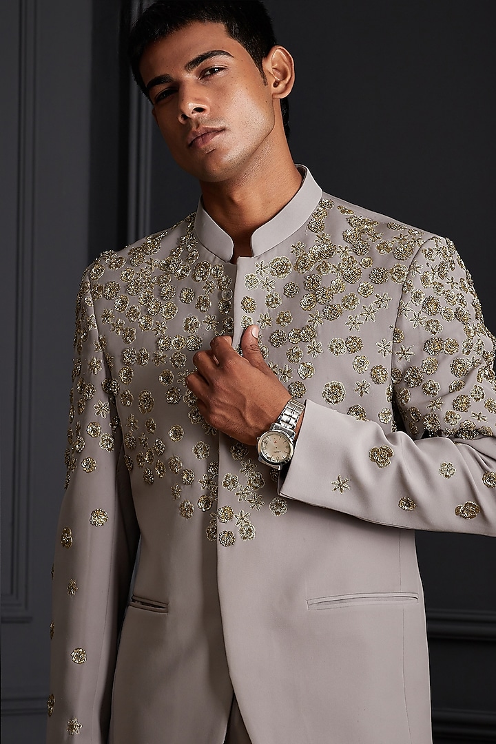 Mouse-Grey Suiting Japanese Fabric Zardosi Handwork Jacket Set by Soniya G Men at Pernia's Pop Up Shop