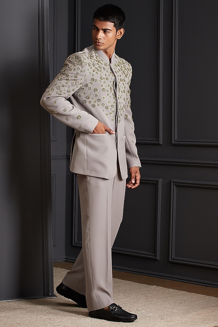 Mouse-Grey Suiting Japanese Fabric Zardosi Handwork Jacket Set by Soniya G Men at Pernia's Pop Up Shop