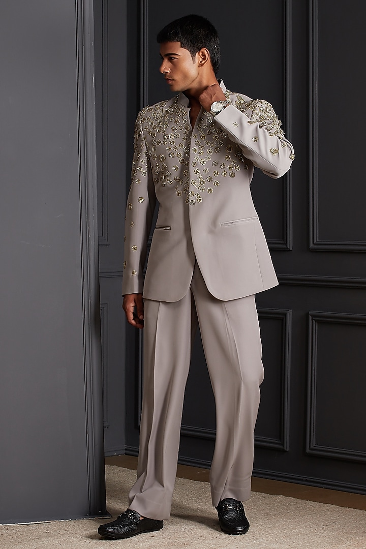 Mouse-Grey Suiting Japanese Fabric Zardosi Handwork Jacket Set by Soniya G Men at Pernia's Pop Up Shop