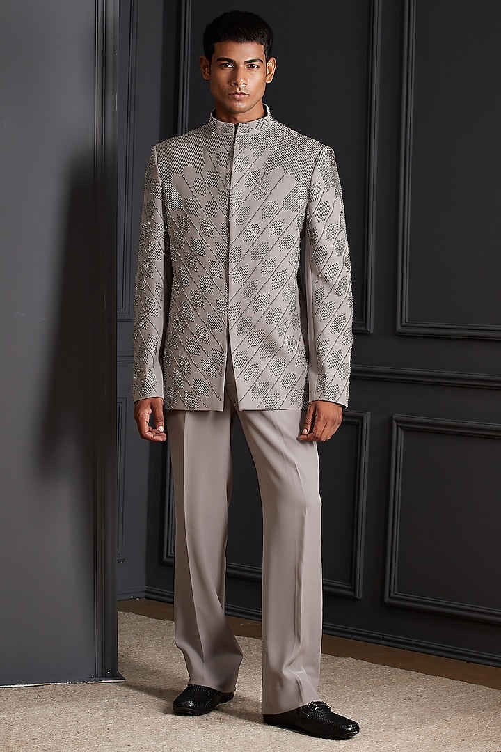 Stone Grey Suiting Japanese Fabric Beadwork Wedding Bandhgala Set by Soniya G Men at Pernia's Pop Up Shop