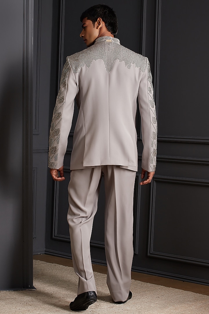 Stone Grey Suiting Japanese Fabric Beadwork Wedding Bandhgala Set by Soniya G Men at Pernia's Pop Up Shop