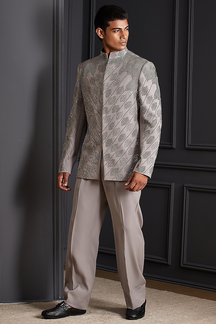 Stone Grey Suiting Japanese Fabric Beadwork Wedding Bandhgala Set by Soniya G Men at Pernia's Pop Up Shop