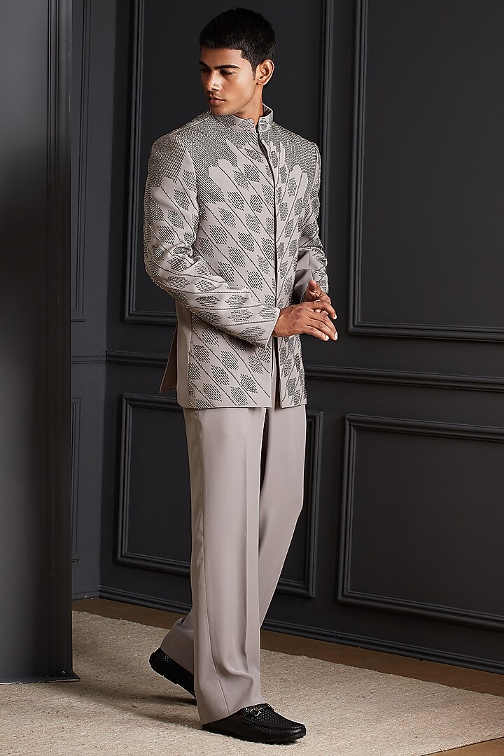 Stone Grey Suiting Japanese Fabric Beadwork Wedding Bandhgala Set by Soniya G Men at Pernia's Pop Up Shop