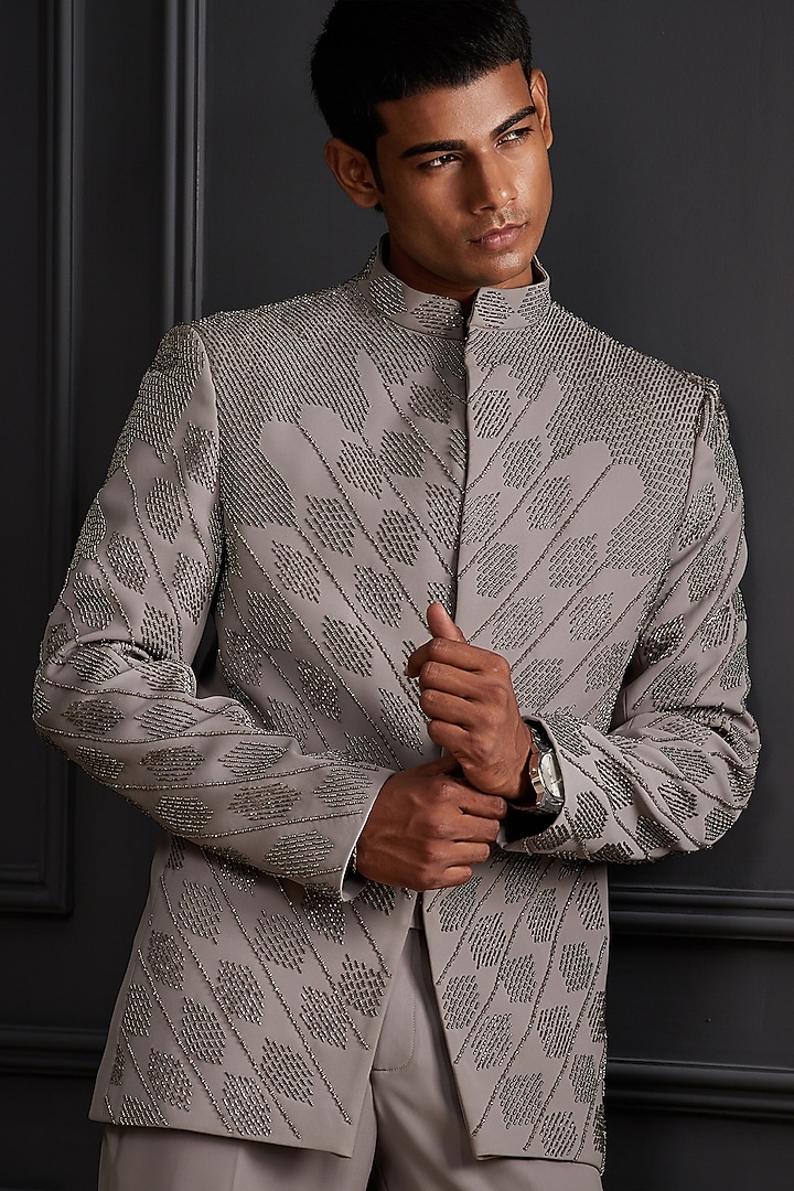 Stone Grey Suiting Japanese Fabric Beadwork Wedding Bandhgala Set by Soniya G Men at Pernia's Pop Up Shop