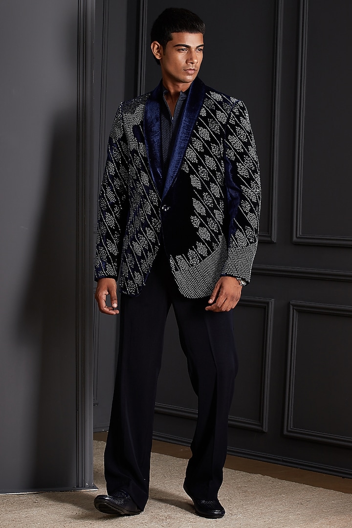 Midnight Navy Blue Velvet Beadwork Tuxedo Set by Soniya G Men at Pernia's Pop Up Shop