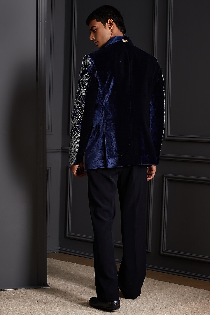 Midnight Navy Blue Velvet Beadwork Tuxedo Set by Soniya G Men at Pernia's Pop Up Shop