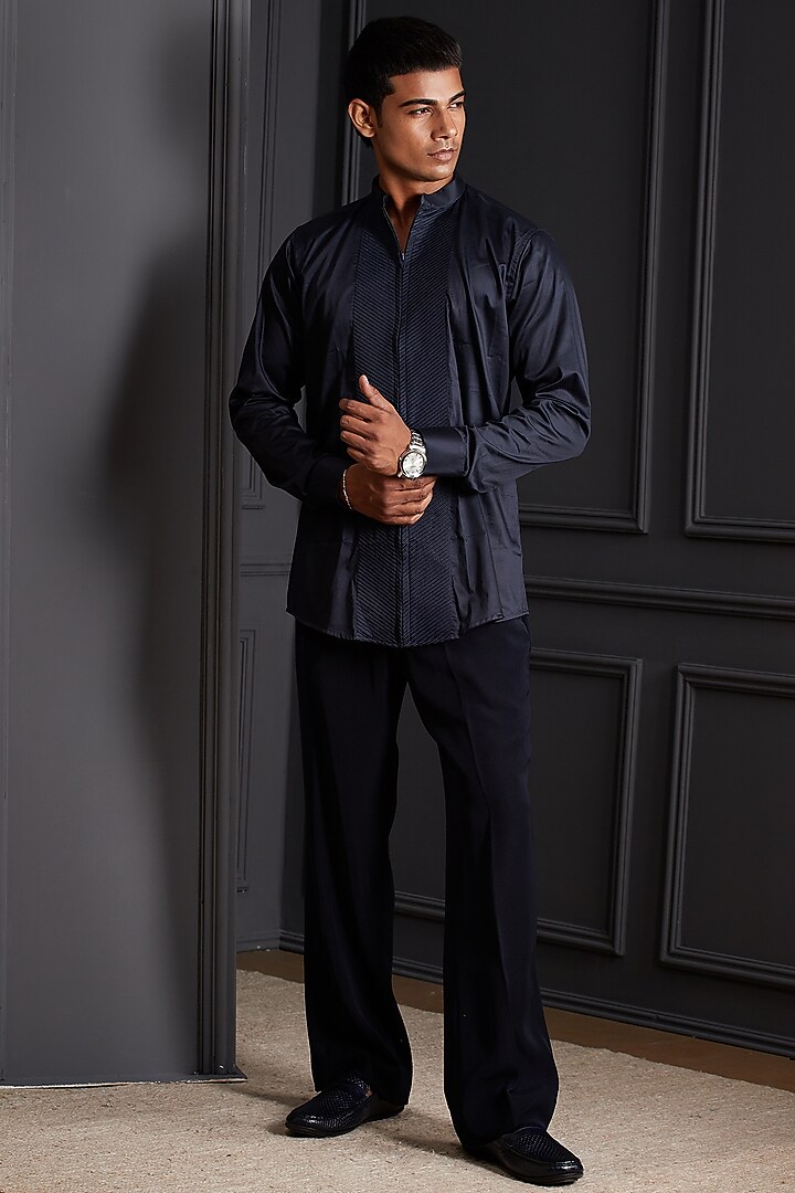 Midnight Navy Blue Velvet Beadwork Tuxedo Set by Soniya G Men at Pernia's Pop Up Shop