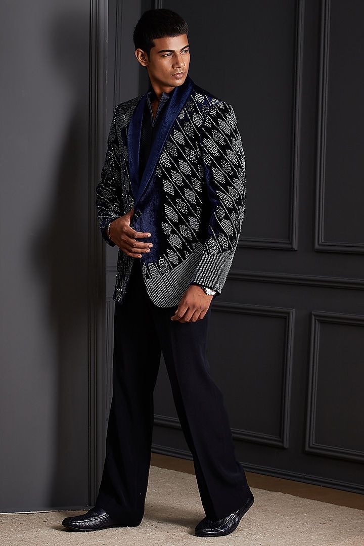 Midnight Navy Blue Velvet Beadwork Tuxedo Set by Soniya G Men at Pernia's Pop Up Shop