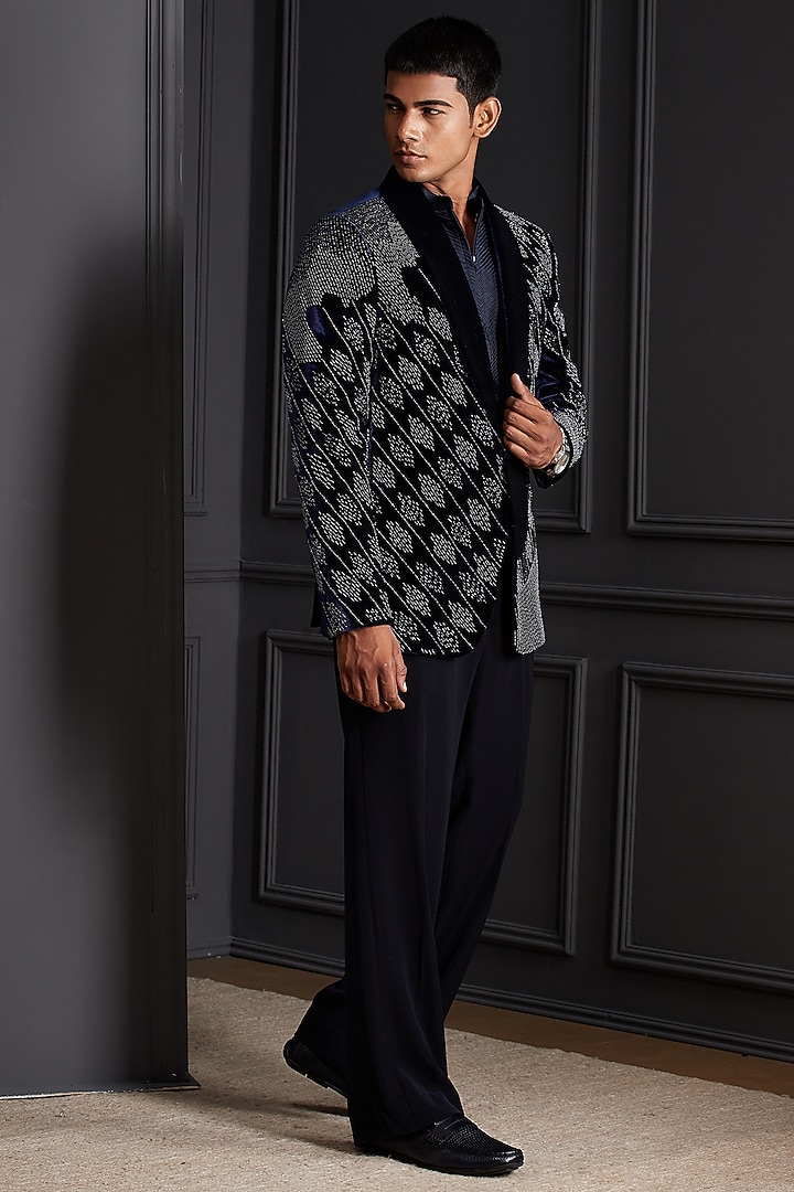 Midnight Navy Blue Velvet Beadwork Tuxedo Set by Soniya G Men at Pernia's Pop Up Shop