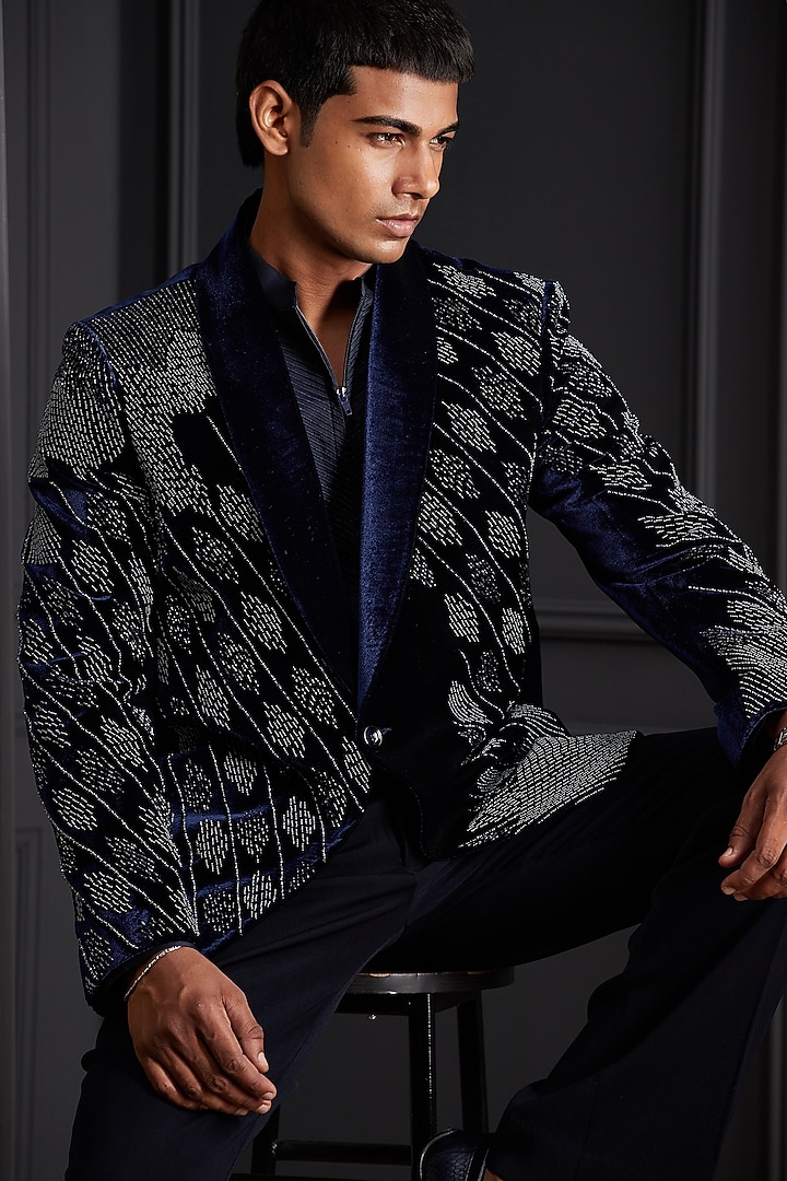 Midnight Navy Blue Velvet Beadwork Tuxedo Set by Soniya G Men at Pernia's Pop Up Shop