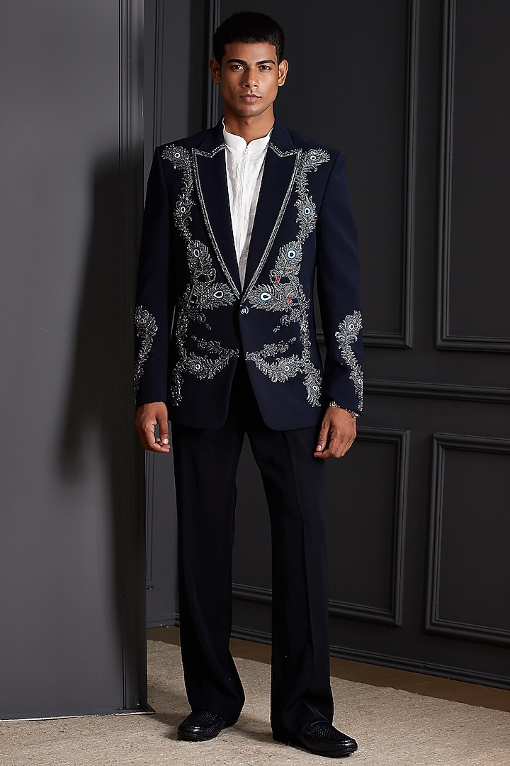 Midnight Navy Blue Suiting Japanese Fabric Embroidered Tuxedo Set by Soniya G Men at Pernia's Pop Up Shop