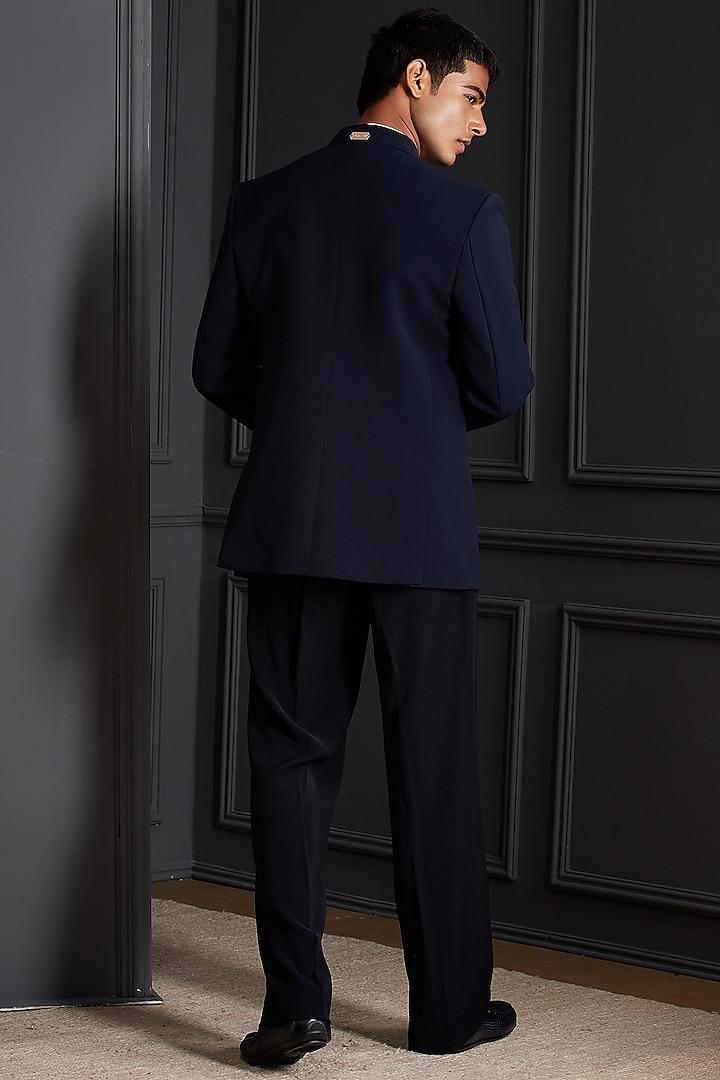 Midnight Navy Blue Suiting Japanese Fabric Embroidered Tuxedo Set by Soniya G Men at Pernia's Pop Up Shop