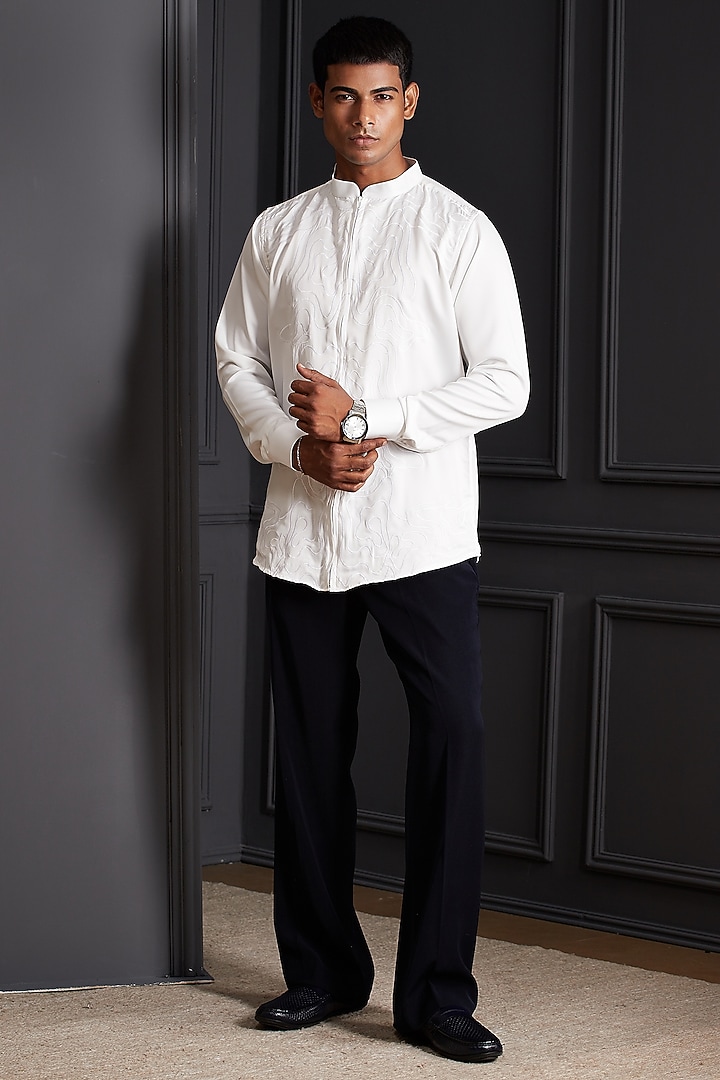 Midnight Navy Blue Suiting Japanese Fabric Embroidered Tuxedo Set by Soniya G Men at Pernia's Pop Up Shop