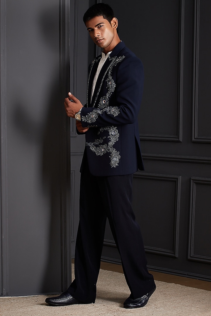 Midnight Navy Blue Suiting Japanese Fabric Embroidered Tuxedo Set by Soniya G Men at Pernia's Pop Up Shop