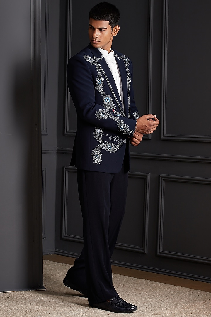 Midnight Navy Blue Suiting Japanese Fabric Embroidered Tuxedo Set by Soniya G Men at Pernia's Pop Up Shop