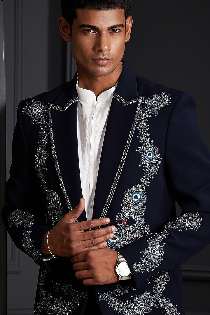 Midnight Navy Blue Suiting Japanese Fabric Embroidered Tuxedo Set by Soniya G Men at Pernia's Pop Up Shop
