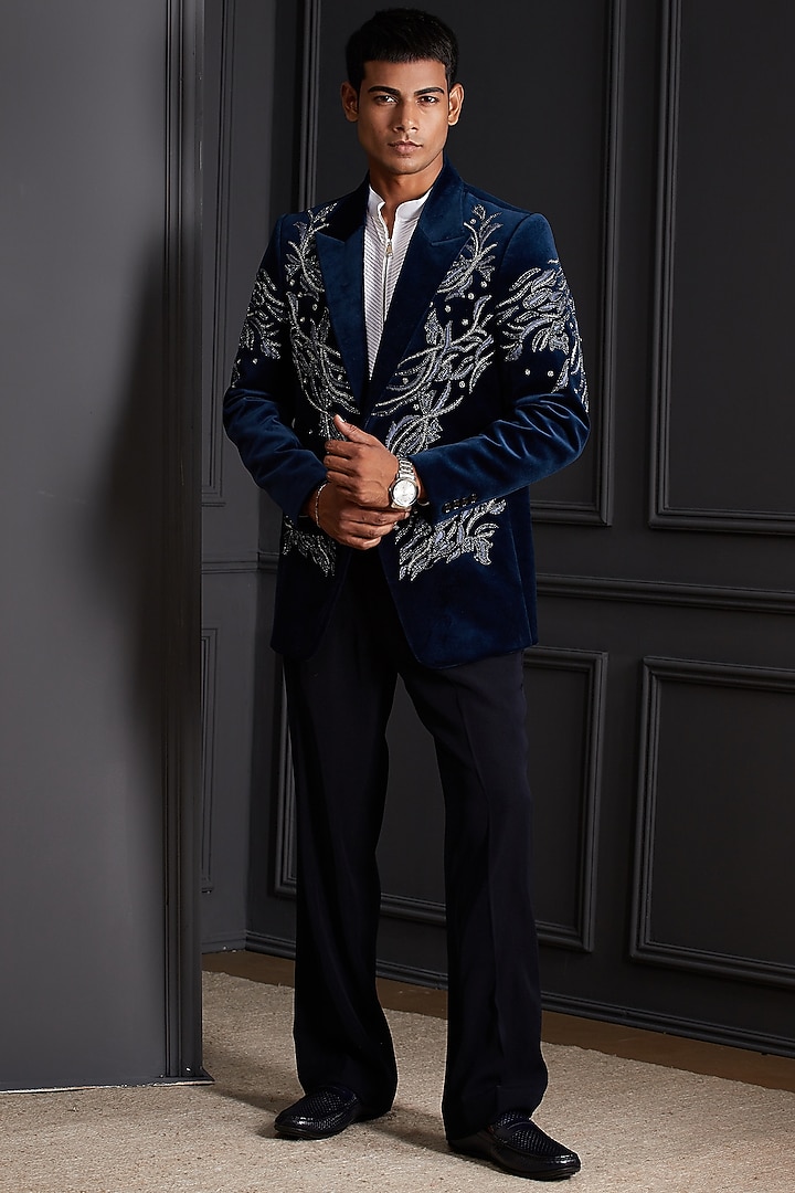 Royal Blue Velvet Embroidered Tuxedo Set by Soniya G Men at Pernia's Pop Up Shop