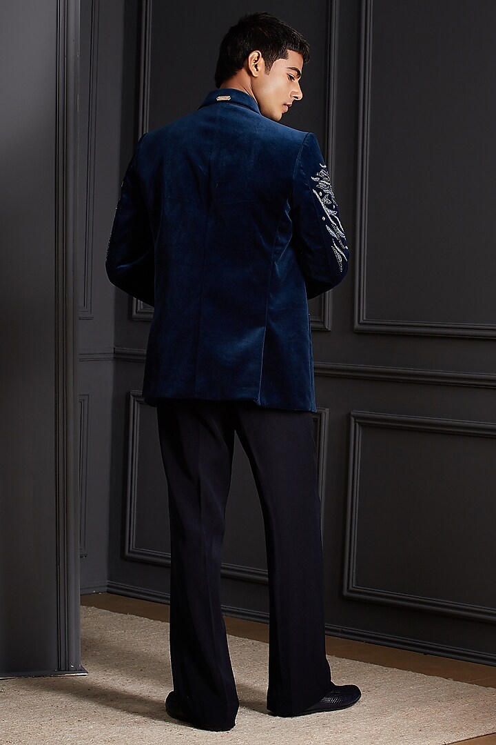 Royal Blue Velvet Embroidered Tuxedo Set by Soniya G Men at Pernia's Pop Up Shop