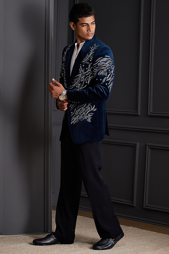 Royal Blue Velvet Embroidered Tuxedo Set by Soniya G Men at Pernia's Pop Up Shop