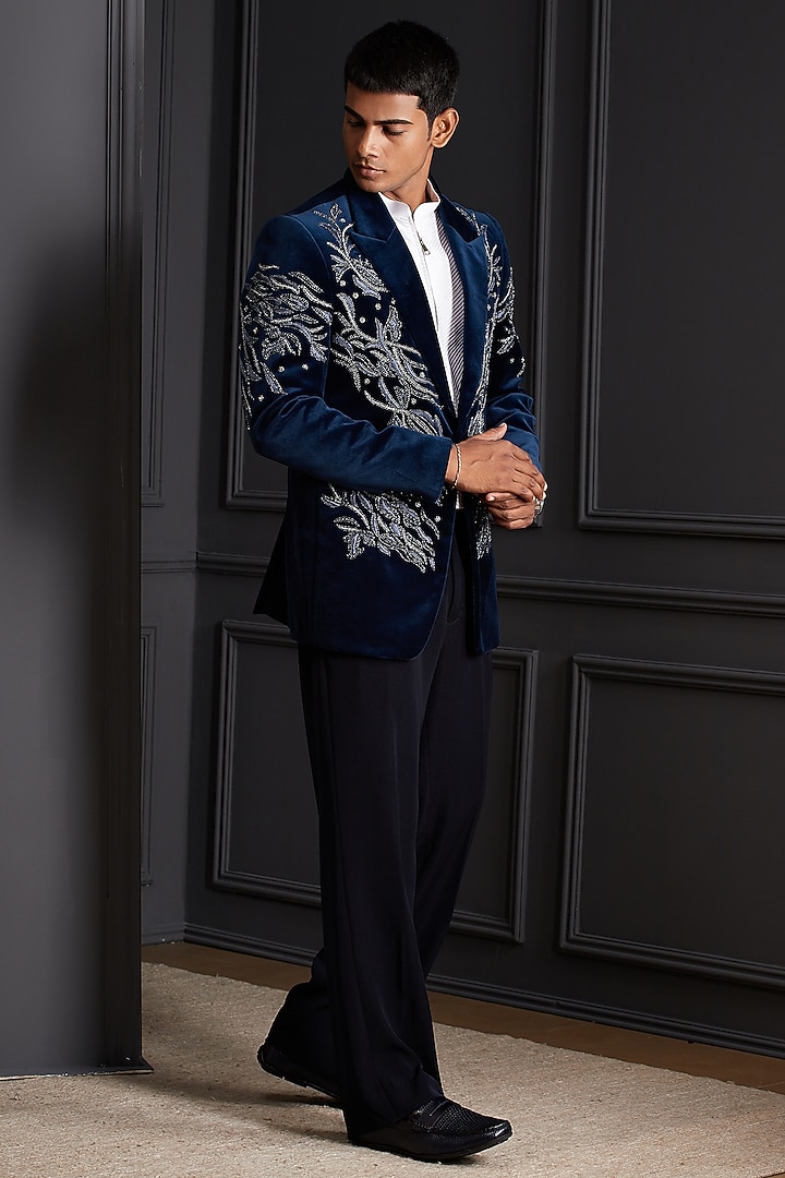 Royal Blue Velvet Embroidered Tuxedo Set by Soniya G Men at Pernia's Pop Up Shop