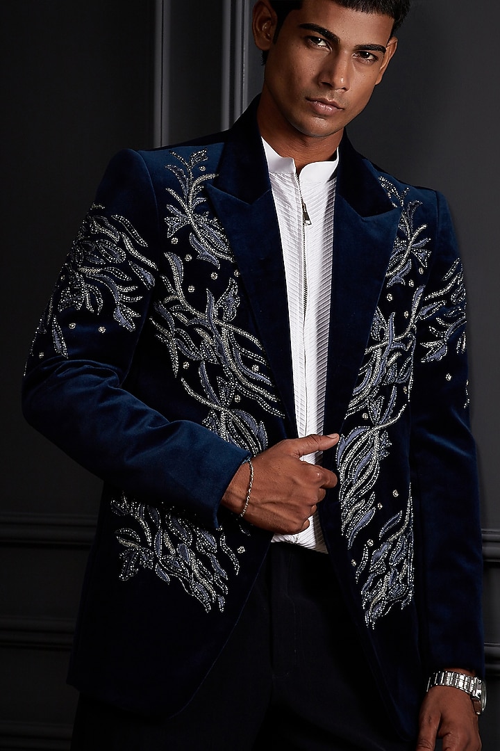 Royal Blue Velvet Embroidered Tuxedo Set by Soniya G Men at Pernia's Pop Up Shop