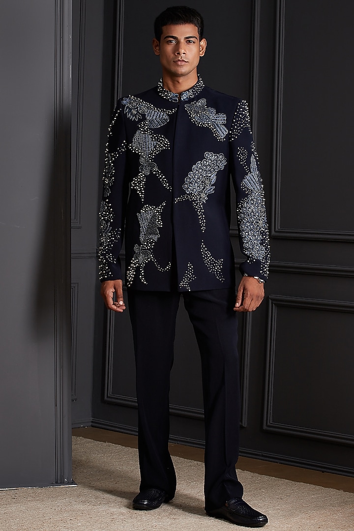 Midnight Navy Blue Suiting Japanese Fabric Embroidered Wedding Bandhgala Set by Soniya G Men at Pernia's Pop Up Shop