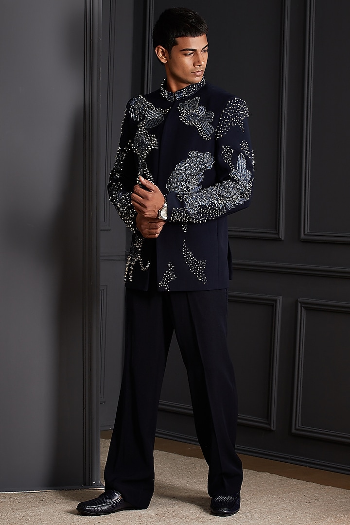 Midnight Navy Blue Suiting Japanese Fabric Embroidered Wedding Bandhgala Set by Soniya G Men at Pernia's Pop Up Shop