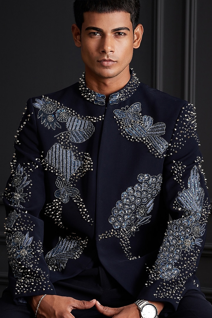Midnight Navy Blue Suiting Japanese Fabric Embroidered Wedding Bandhgala Set by Soniya G Men at Pernia's Pop Up Shop