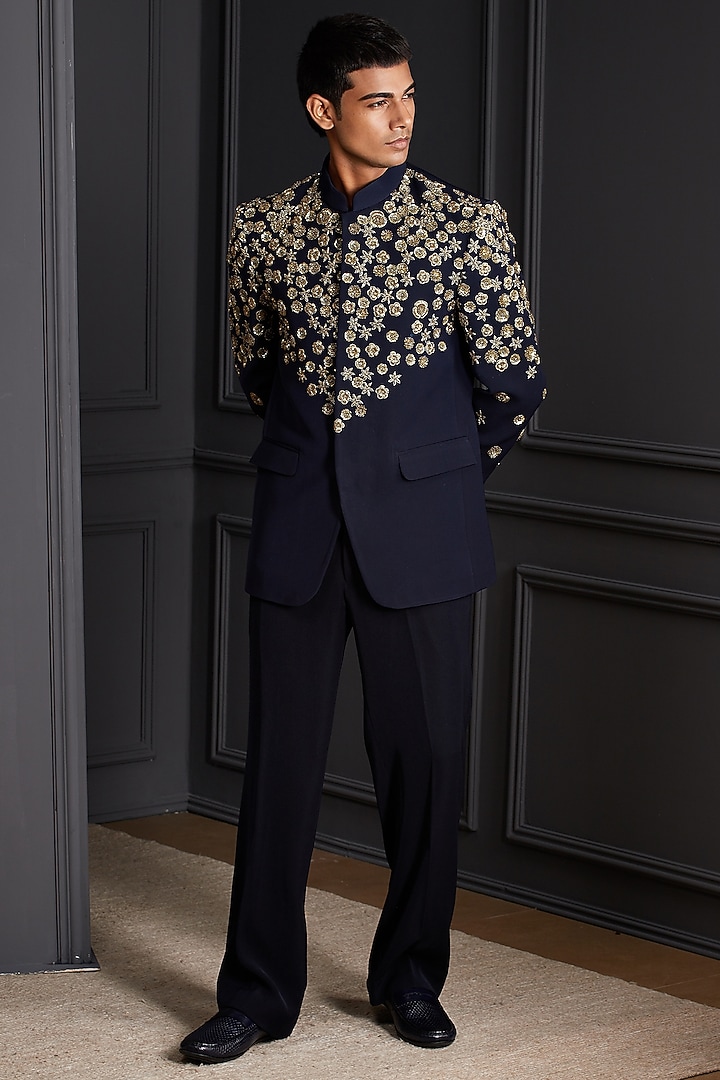 Midnight Navy Blue Suiting Japanese Fabric Floral Embroidered Wedding Bandhgala Set by Soniya G Men at Pernia's Pop Up Shop