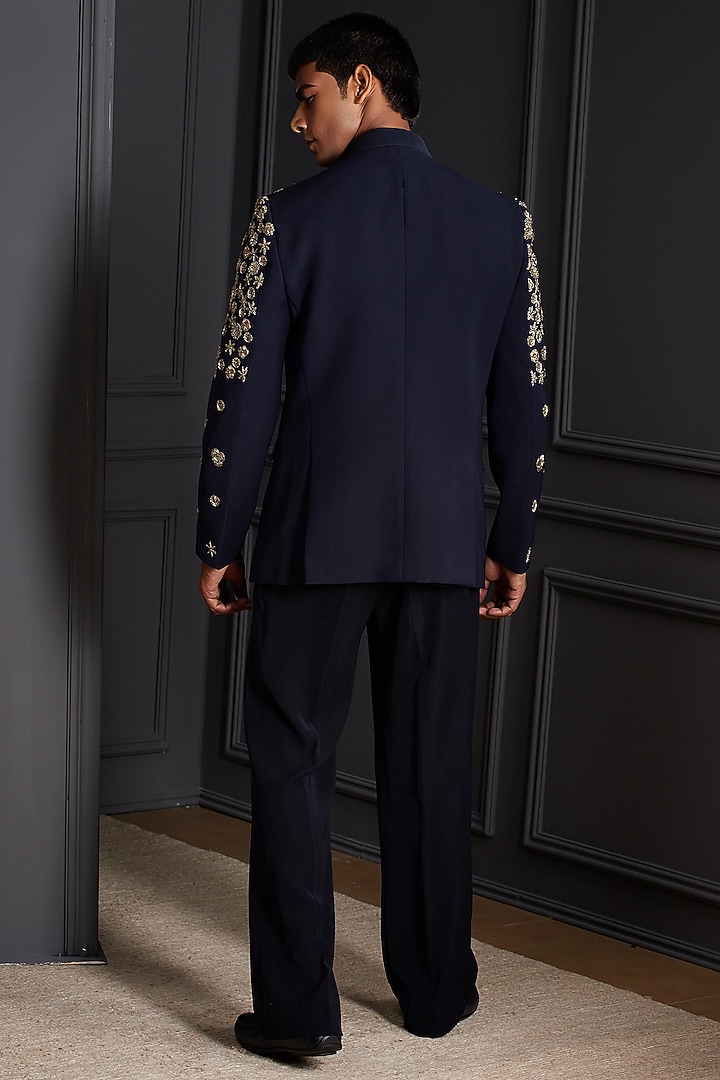 Midnight Navy Blue Suiting Japanese Fabric Floral Embroidered Wedding Bandhgala Set by Soniya G Men at Pernia's Pop Up Shop