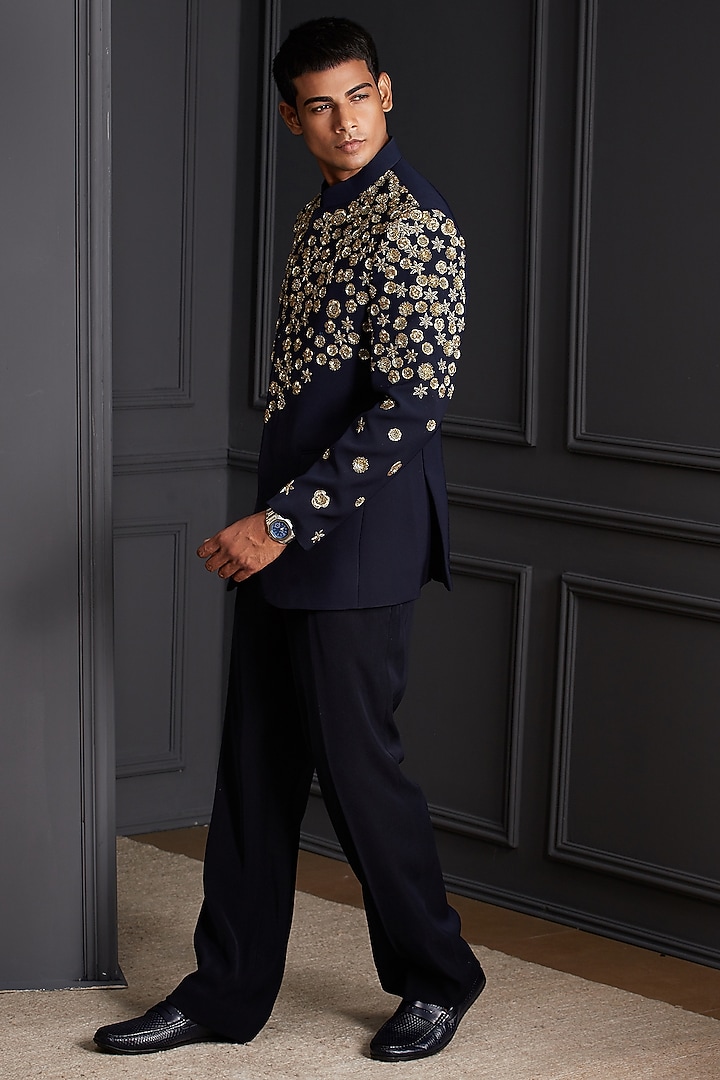 Midnight Navy Blue Suiting Japanese Fabric Floral Embroidered Wedding Bandhgala Set by Soniya G Men at Pernia's Pop Up Shop